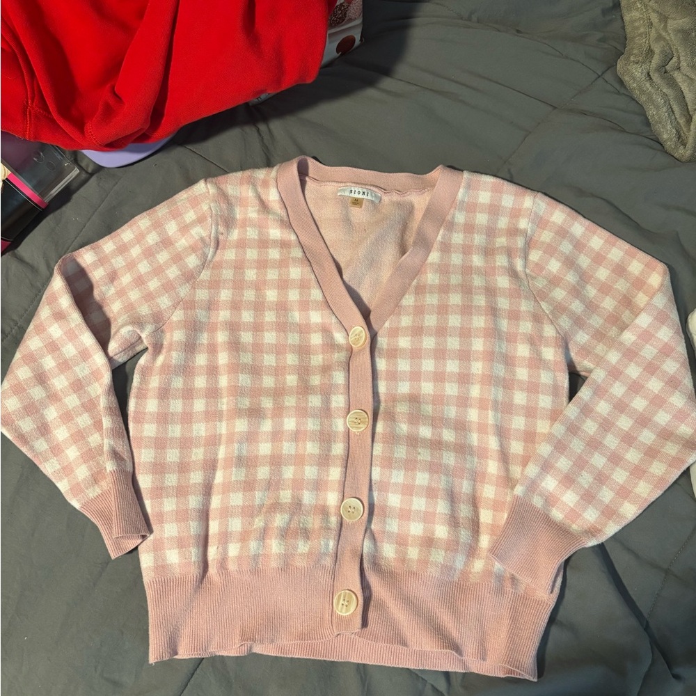 Sioni Pink Checkered Cardigan Sweater